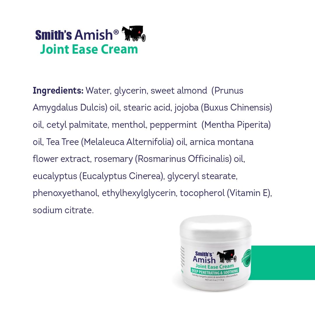 Smiths Amish Joint Ease Cream 4 oz jar. Soothing and Cooling, with Botanicals of Arnica, Peppermint, Tea Tree, Rosemary and Euca