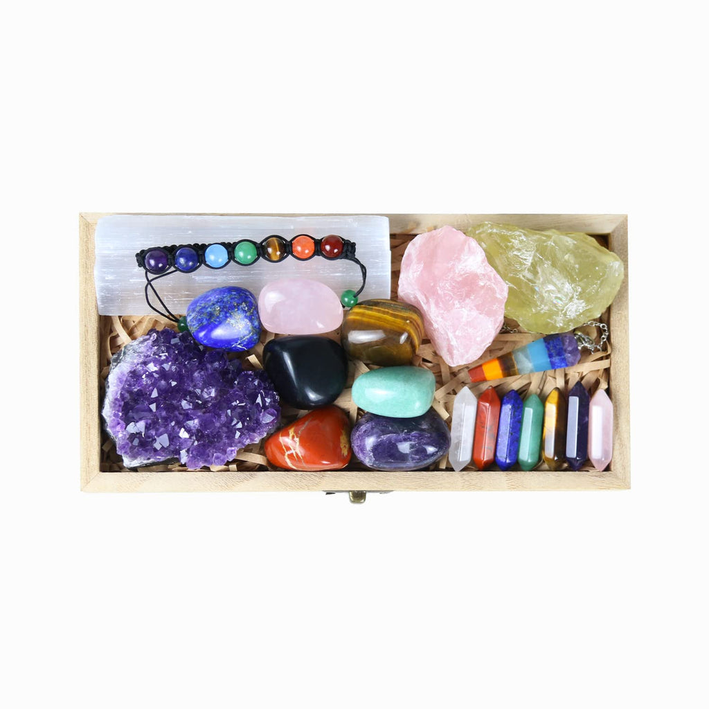 Nvzi Healing Crystals and Stones Kit in Box, Chakra Crystal Set, Amethyst Crystal, Rose Quartz, Citrine, Selenite Wands, Red Jas