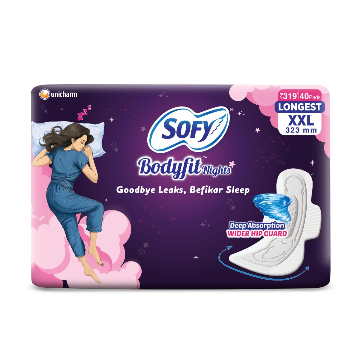 Sofy Women Bodyfit Longest Xxl Sanitary Pads |Night Protection|Wider Hip Guard| Deep Absorption | Comfy Dry Cover| XxLarge, Pac
