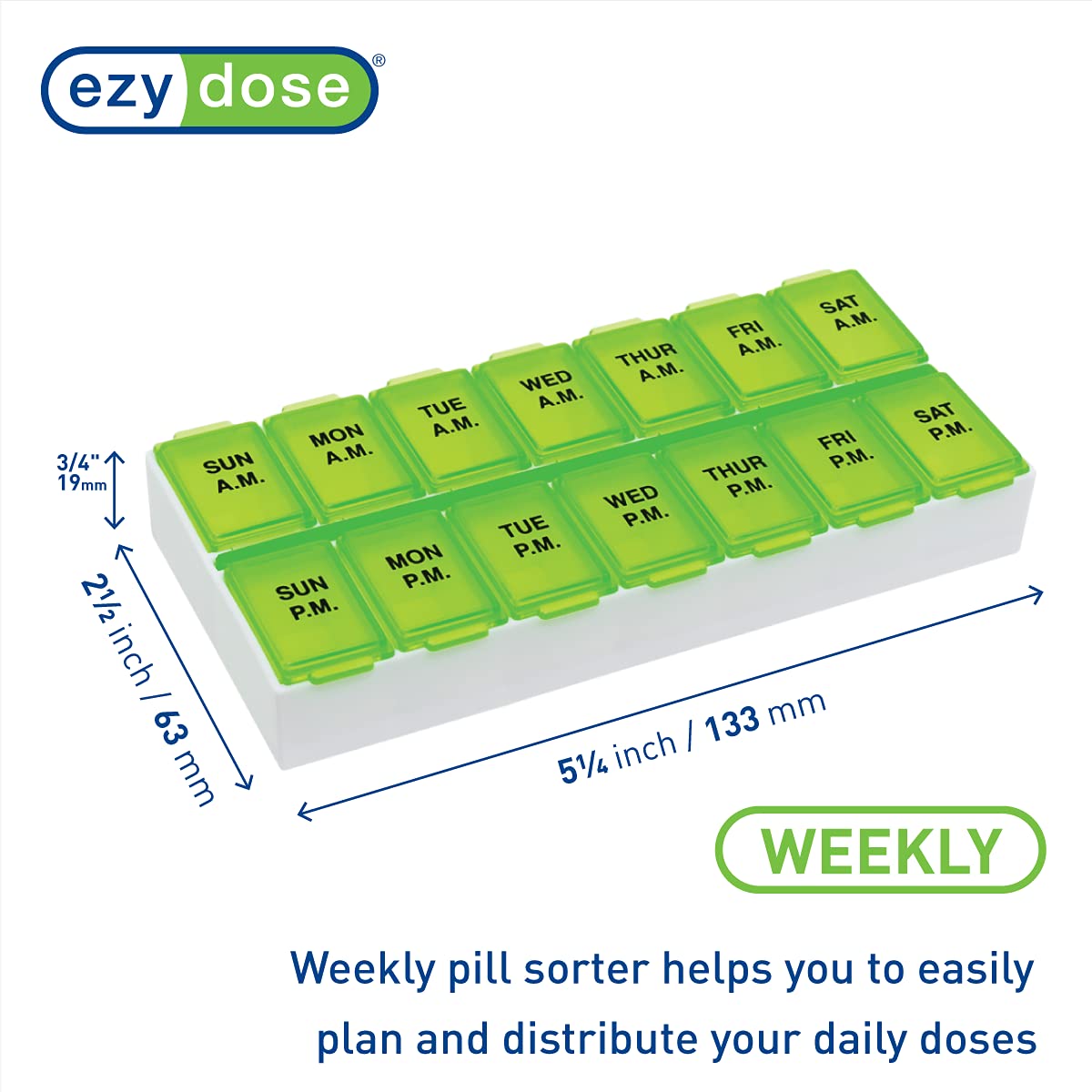 EZY DOSE Weekly (7-Day) AM/PM Pill Case, Medicine Planner, Vitamin Organizer, Medium Compartments, 2 Times a Day, Color May Vary