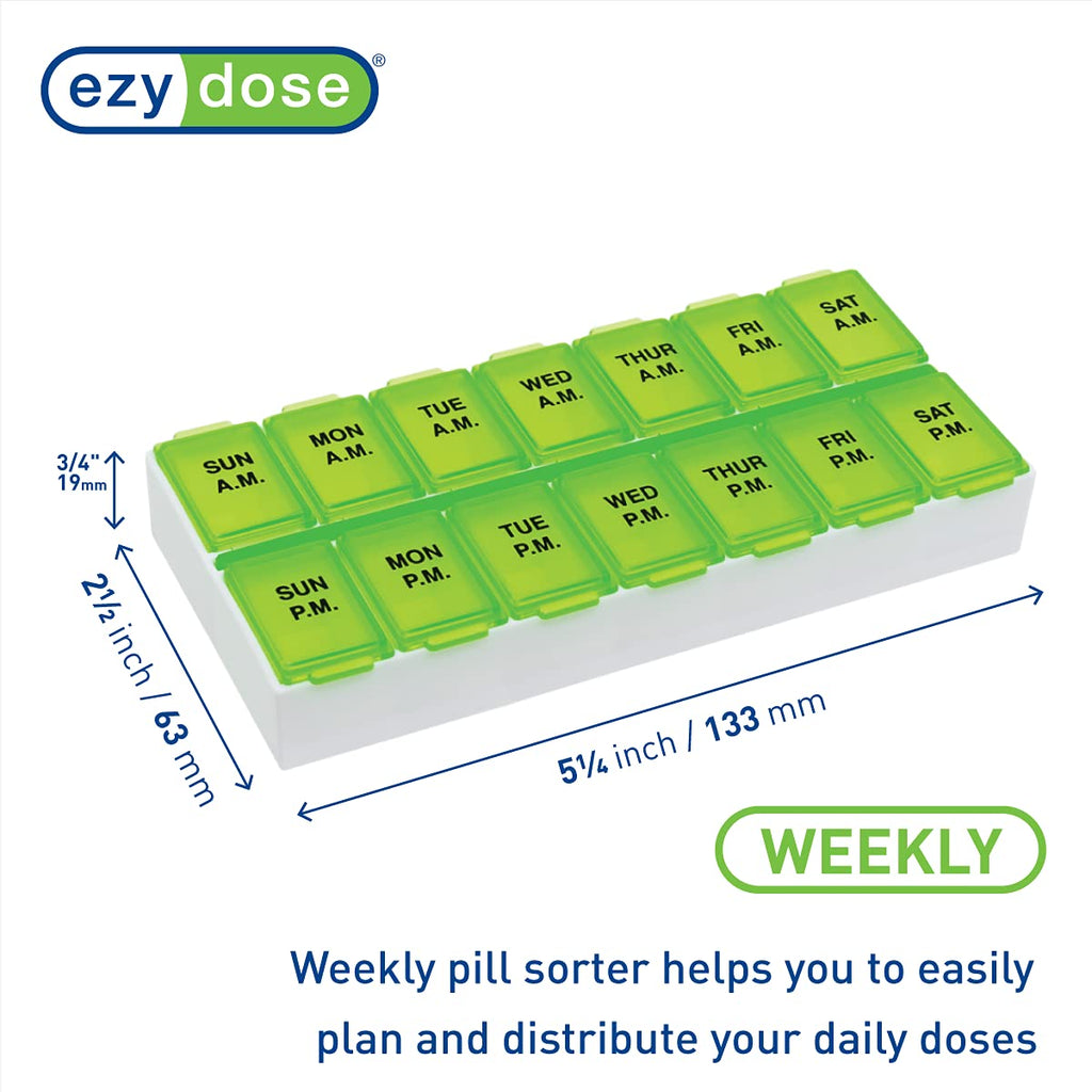 Ezy Dose Weekly (7-Day) AM/PM Pill Organizer, Vitamin Case, and Medicine Box, Medium Compartments, 2 Times a Day, Green, 67375GA