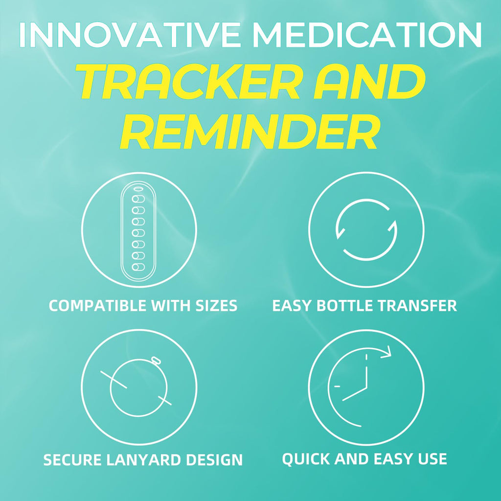 Odaro 4 Pack Pill Reminder, Lanyad or Sticker Pill Tracker, Work with Most Pill Bottles, Reusable Medication Tracker Replacement