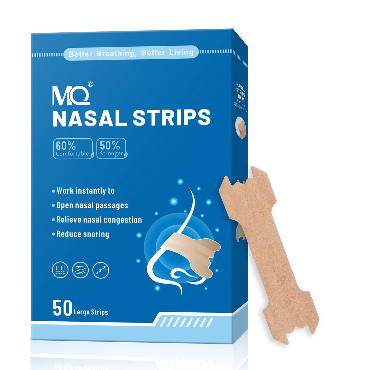 MQ 50ct Upgraded Nasal Strips for Snoring Nose Strips for Breathing Extra Strength Snore Strips to Open Nasal Passages, Relieve