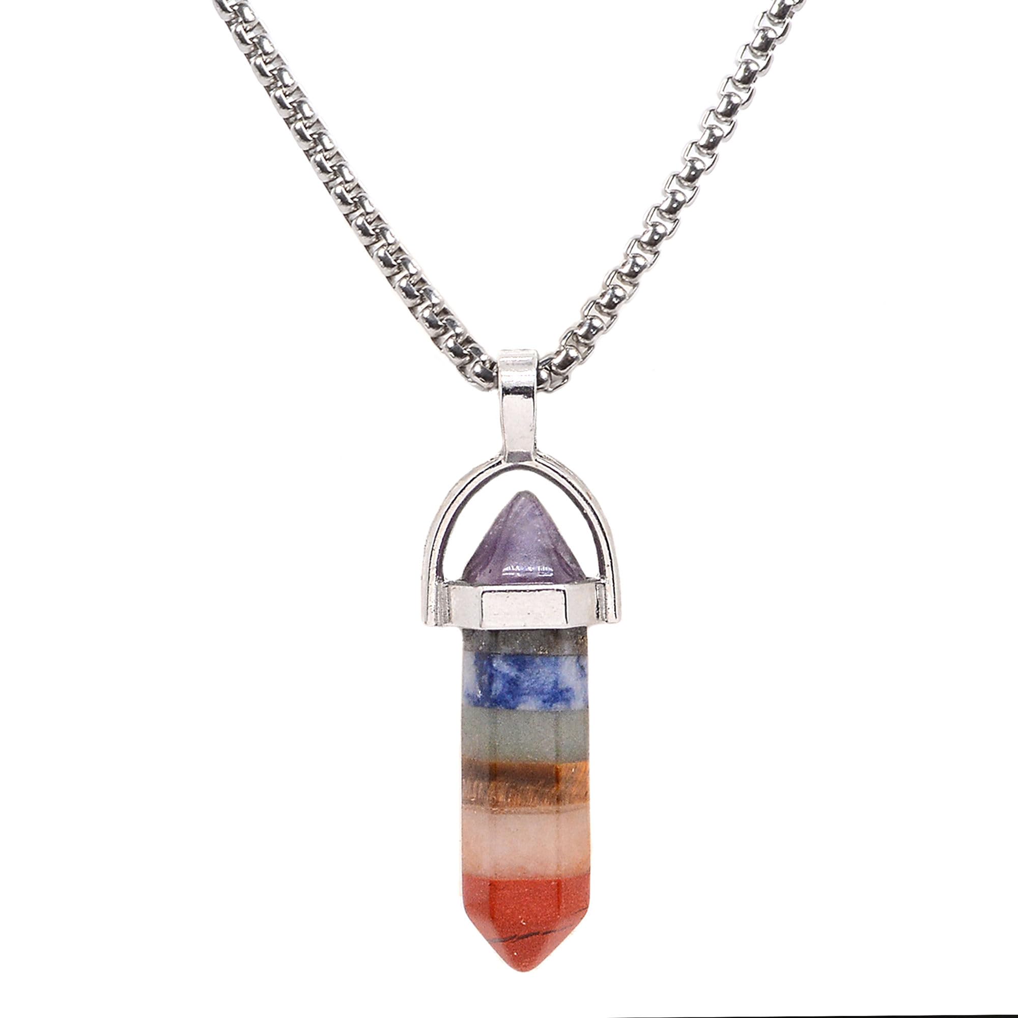 Justinstones 7 Chakra Stone Gemstone Hexagonal Pointed Reiki Chakra Chain Necklace 20 High-grade Iron Gift Box