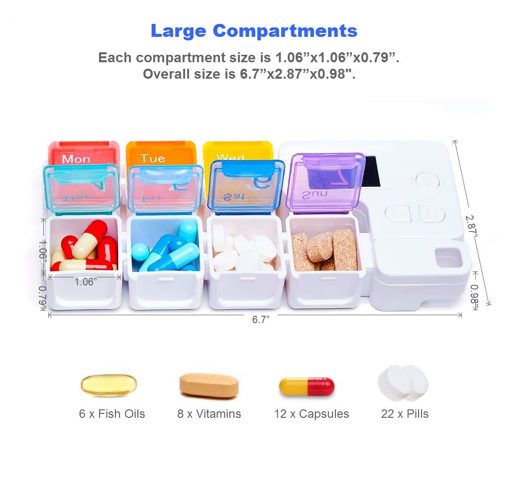 7 Day Medicine Pill Organizer, 4 Reminder Alarms, Loud Sound, 7 Large Compartments, Large Screen, Moisture-Proof, Dust-Proof, Tr