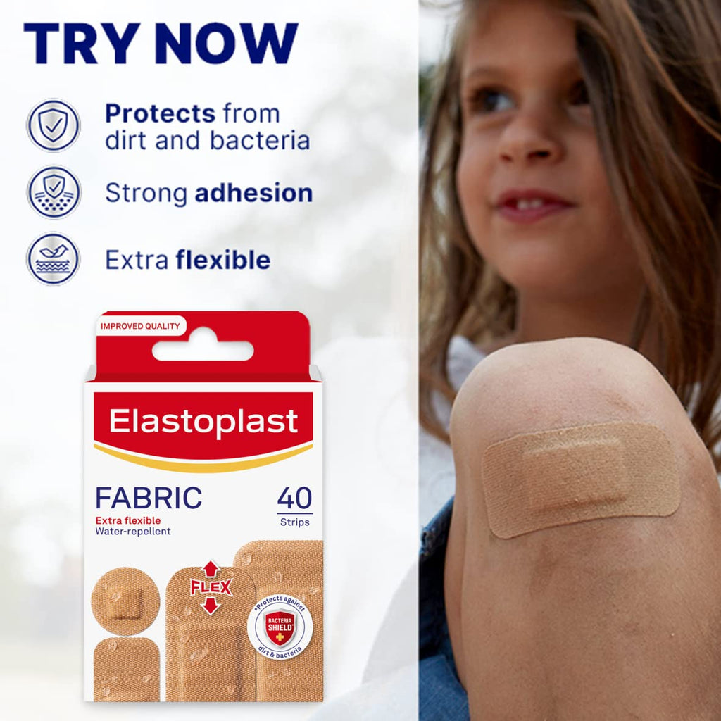 Elastoplast Extra Flexible Fabric Plaster Strips (40 Pieces), Extra Flexible Fabric Plasters, Breathable Plasters, Flexible Larg