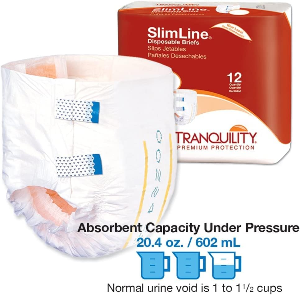 Tranquility Slimline Original Adult Disposable Brief, Adult Medium, Incontinence Care with a Slimmer Fit, Peach Mat Core & Kufgu