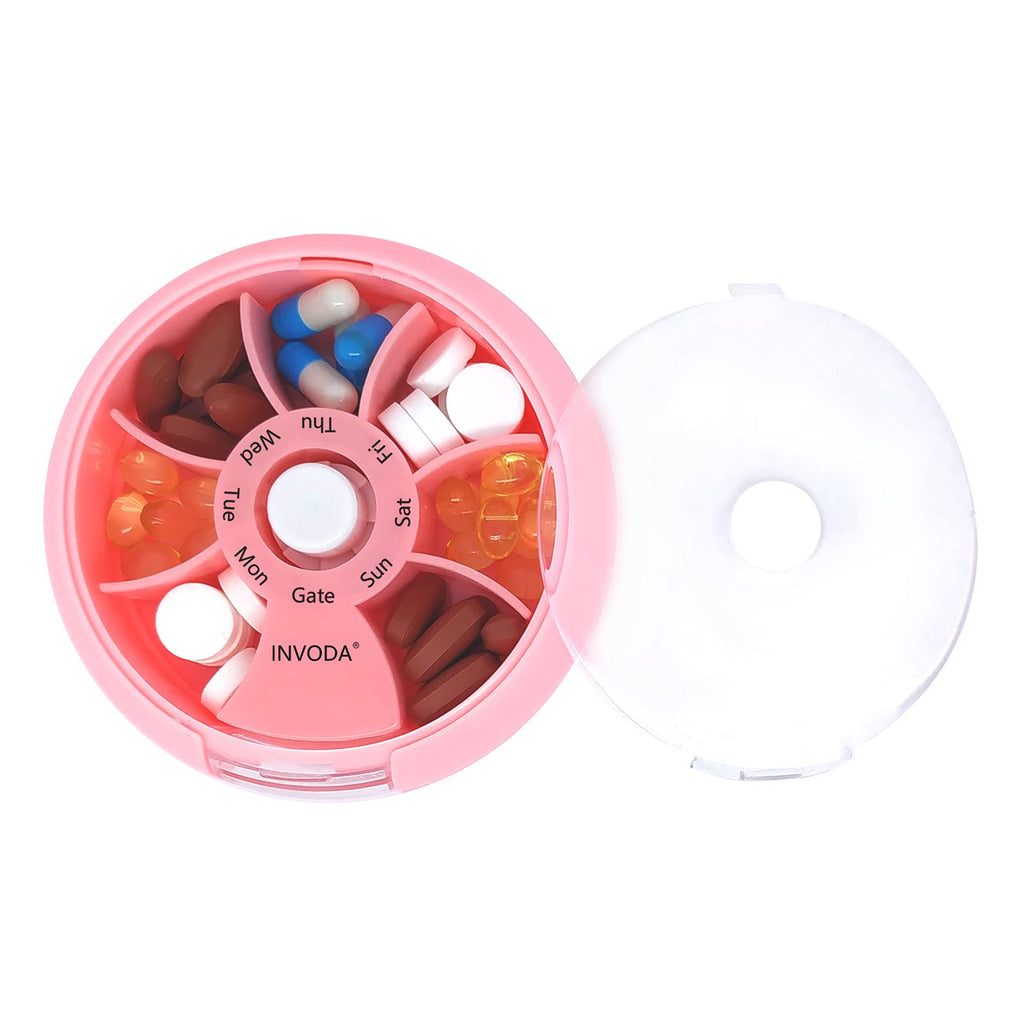 Pill Organizer Travel Pill Cases Weekly Cute Round Pill Box Purse Pill Container Portable Small Medicine Organizer (Pink+Bag)