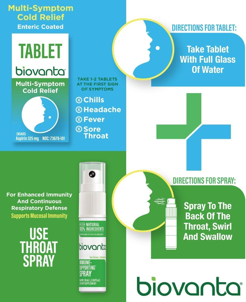 Biovanta Cold and Flu Relief Kit Plus Immune Support, Soothing Throat Spray, 10mL, 6 Plant-Based Aspirin Tablets, Multi-Symptom