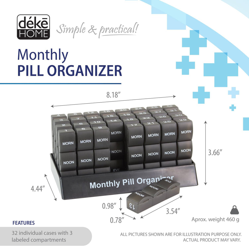 Deke Home - Monthly Pill Organizer 3 Times a Day, 30 Day Pill Box with AM PM Compartments, Large Monthly Medicine Organizer for