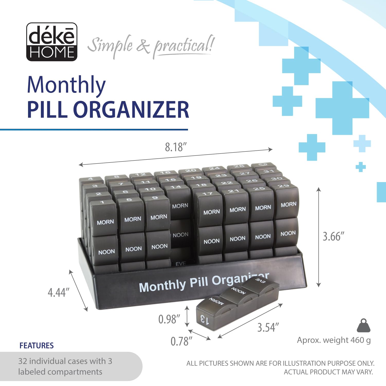 Deke Home - Monthly Pill Organizer 3 Times a Day, 30 Day Pill Box with AM PM Compartments, Large Monthly Medicine Organizer for