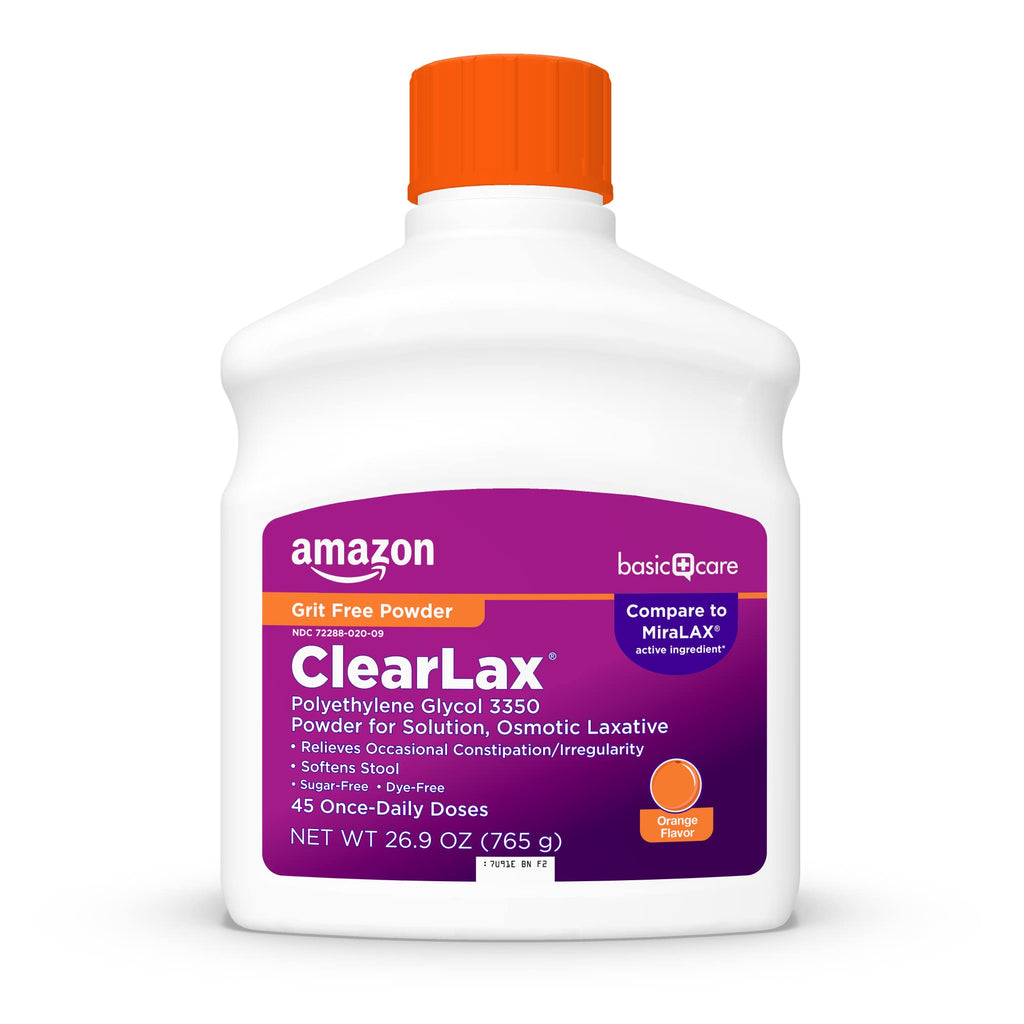 Amazon Basic Care ClearLax, Laxative Powder for Gentle Constipation Relief, Softens Stool, Polyethylene Glycol 3350, Orange Flav