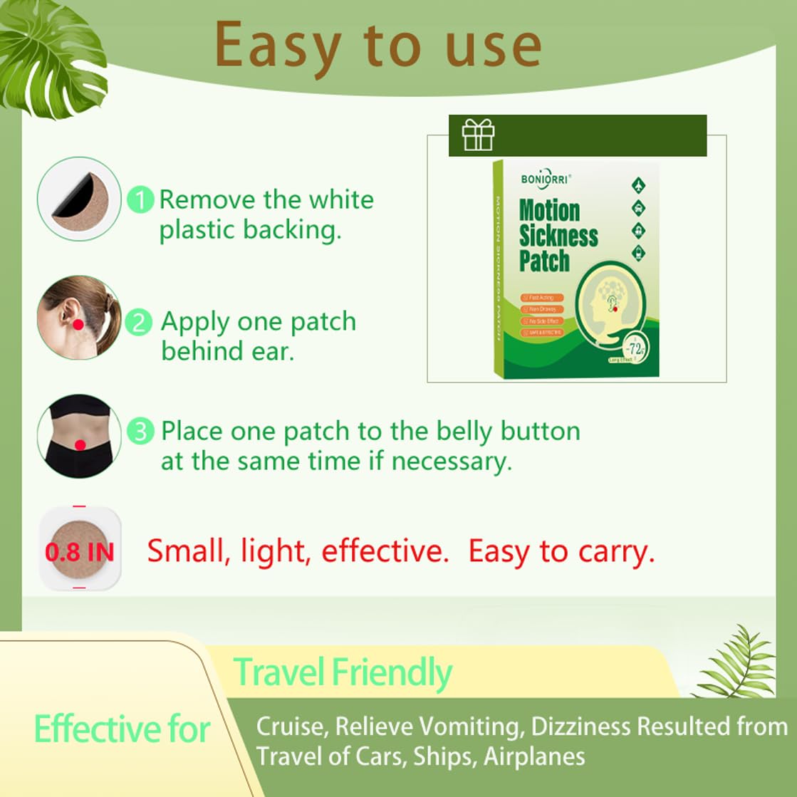 BONIORRI Motion Sickness Patches - Sea Sickness Patches for Cruise, Seasickness Patch Non Drowsy Behind Ear for Car, Sea, Air Si