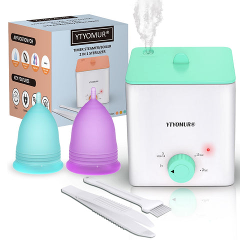 YTYOMUR Menstrual Cups with Sterilizer, 2 Reusable Period Cups for Women, Tampon and Pad Alternative, Feminine Cup with Cleaner 