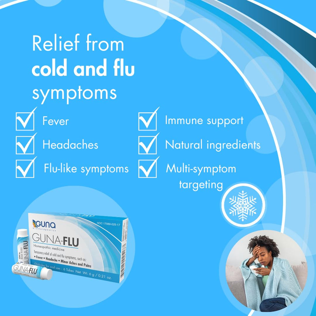 GUNA-Flu for Relief of Flu-Like Symptoms, Body Aches, Headache, Fever, Chills and Fatigue 6 Tubes