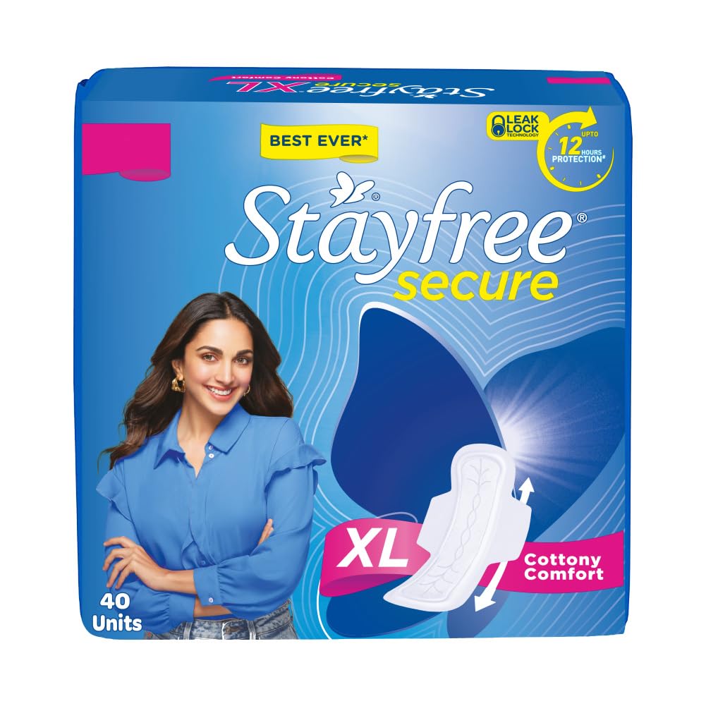 Stayfree Secure Extra Large Cottony Soft Cover Sanitary Pads for Women with Wings, 40 Pads