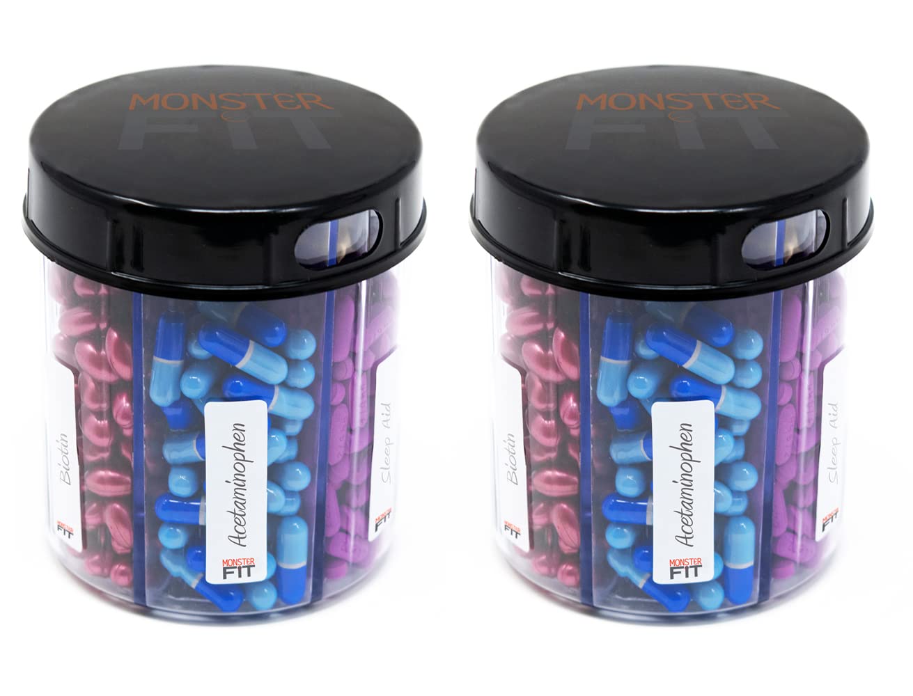 Monster Jr Supplement Pill Dispenser with Labels - Holds Small Medium Medication Vitamins and Easily Dispense from One Container