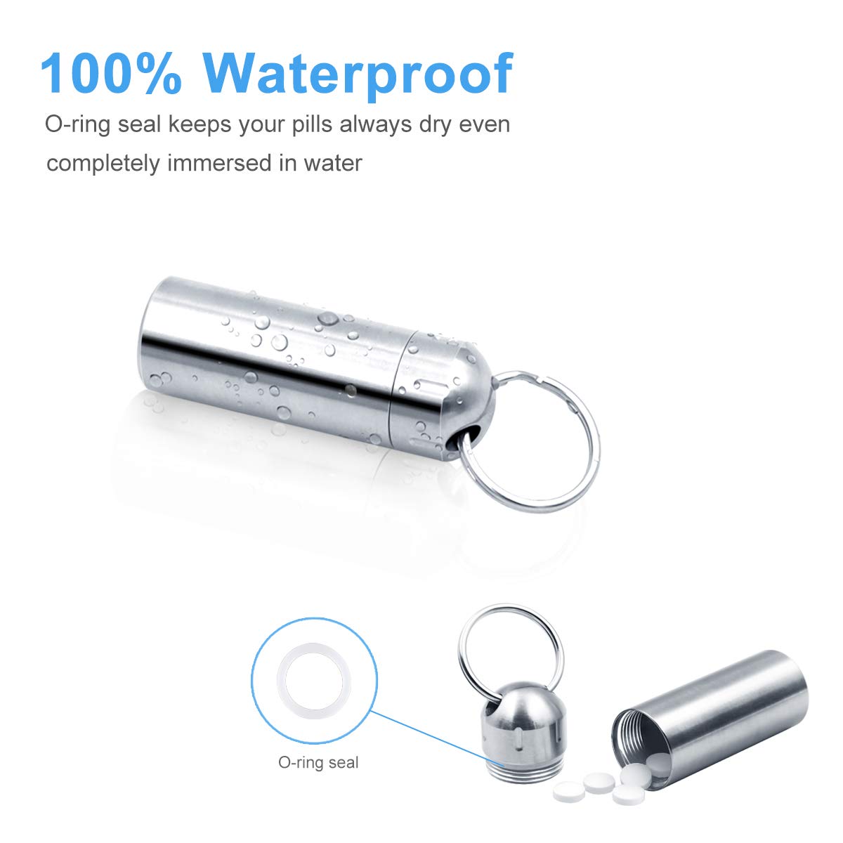 SHD Pill Box Keychain Waterproof Single Chamber Stainless Steel Pill Organizer for Outdoor Travel Camping