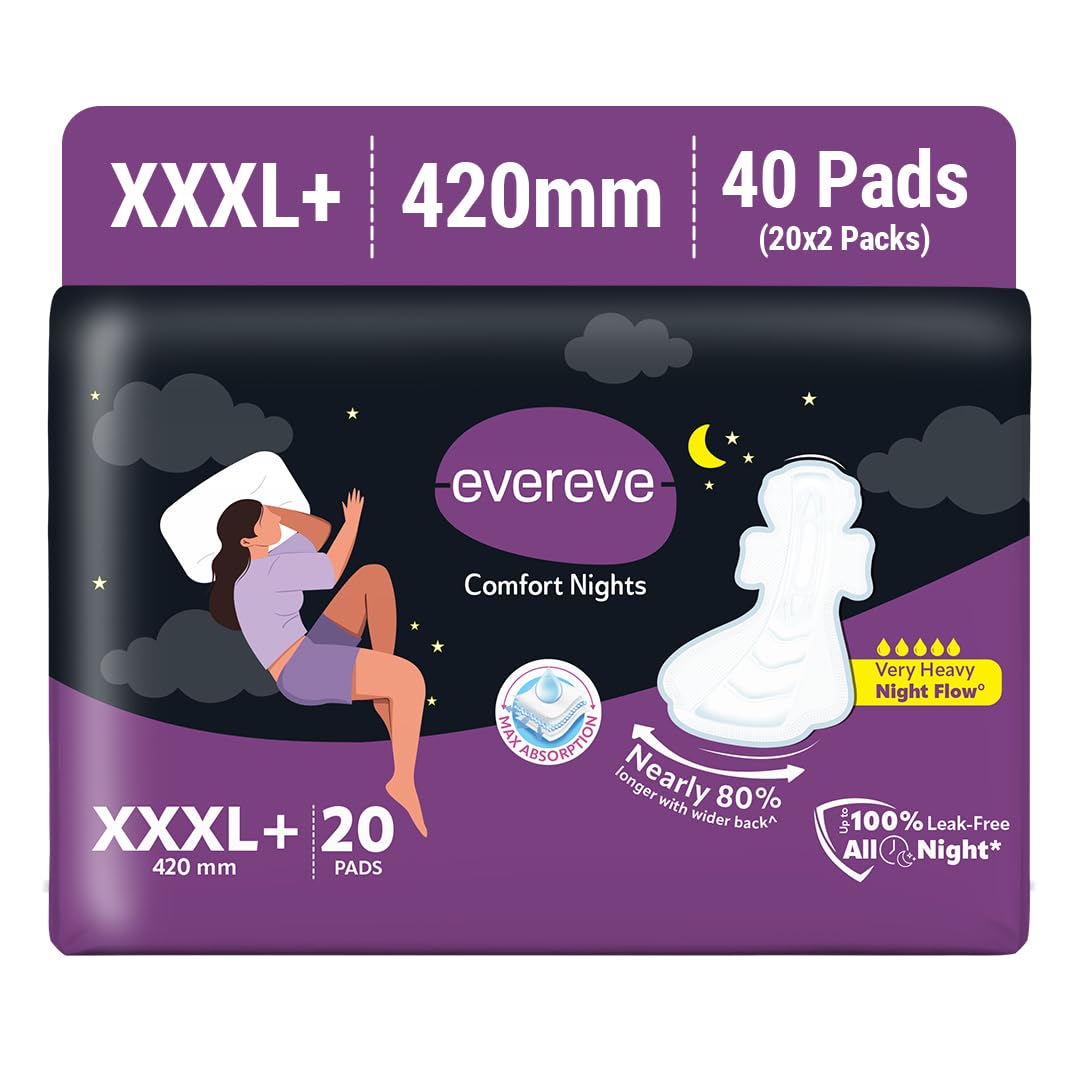 Evereve Comfort Nights Sanitary Pads Xxxl+ 420Mm, 80% Longer With Wider Back For All Night Care, Very Heavy Night Flow Absorptio