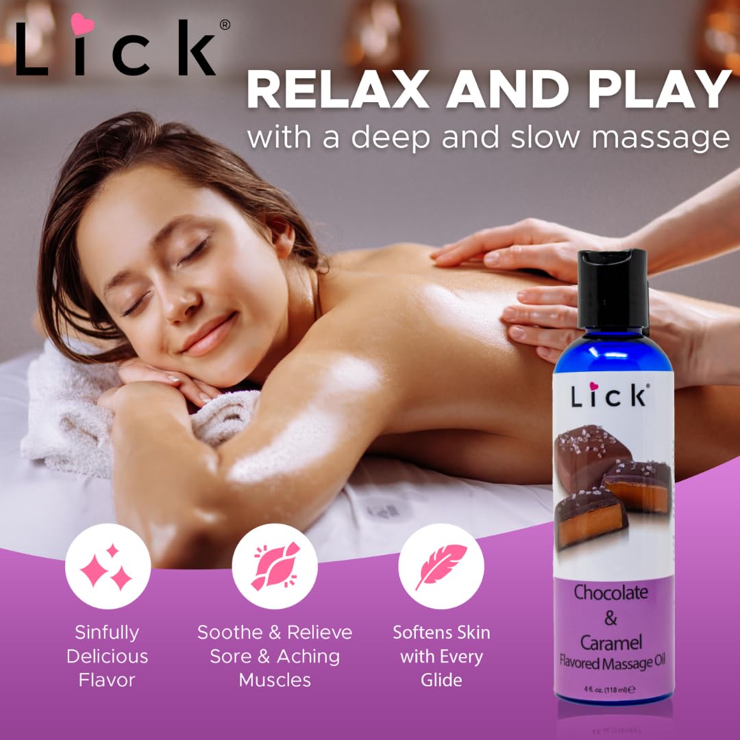 Lick Chocolate and Caramel Massage Oil - Decadent Dessert-Inspired Edible Massage Oil with Almond Oil & Vitamin E, Smooth Glide
