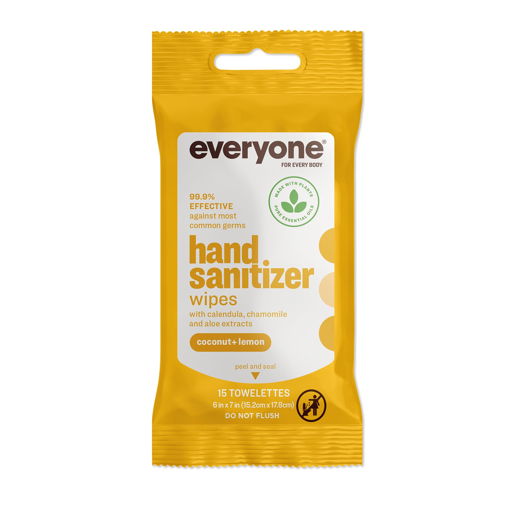 Everyone Hand Sanitizer Wipes, 15 Wipes (Pack of 6), Coconut and Lemon, Sugar Cane Derived Alcohol with Essential Oils, TSA frie