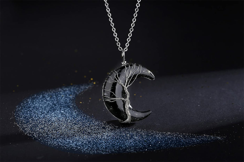 MAIBAOTA Black Obsidian Necklace Healing Crystal Stones Tree Life Wire Wrapped Crescent Moon Phase Pendant Necklace Mothers Day
