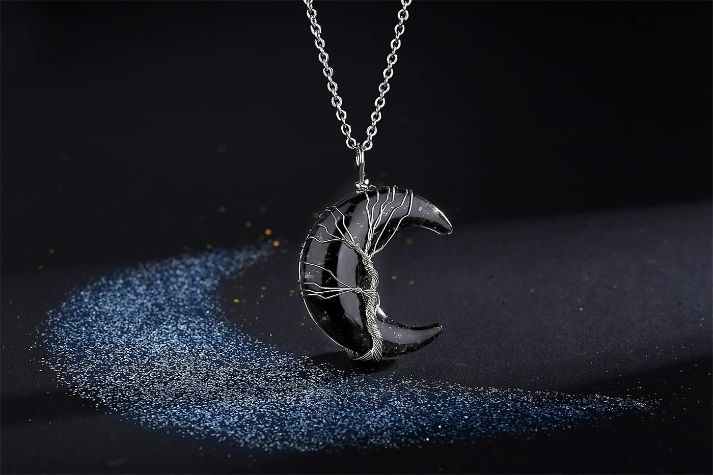 MAIBAOTA Black Obsidian Necklace Healing Crystal Stones Tree Life Wire Wrapped Crescent Moon Phase Pendant Necklace Mothers Day