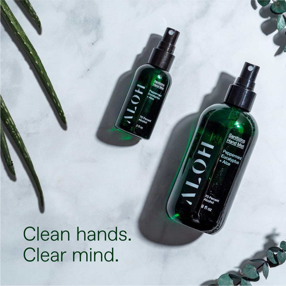 ALOH Sanitizing Hand Mist 3-pack | Peppermint Eucalyptus + Aloe | 70% Alcohol Hydrating Hand Sanitizer Spray with Essential Oil,