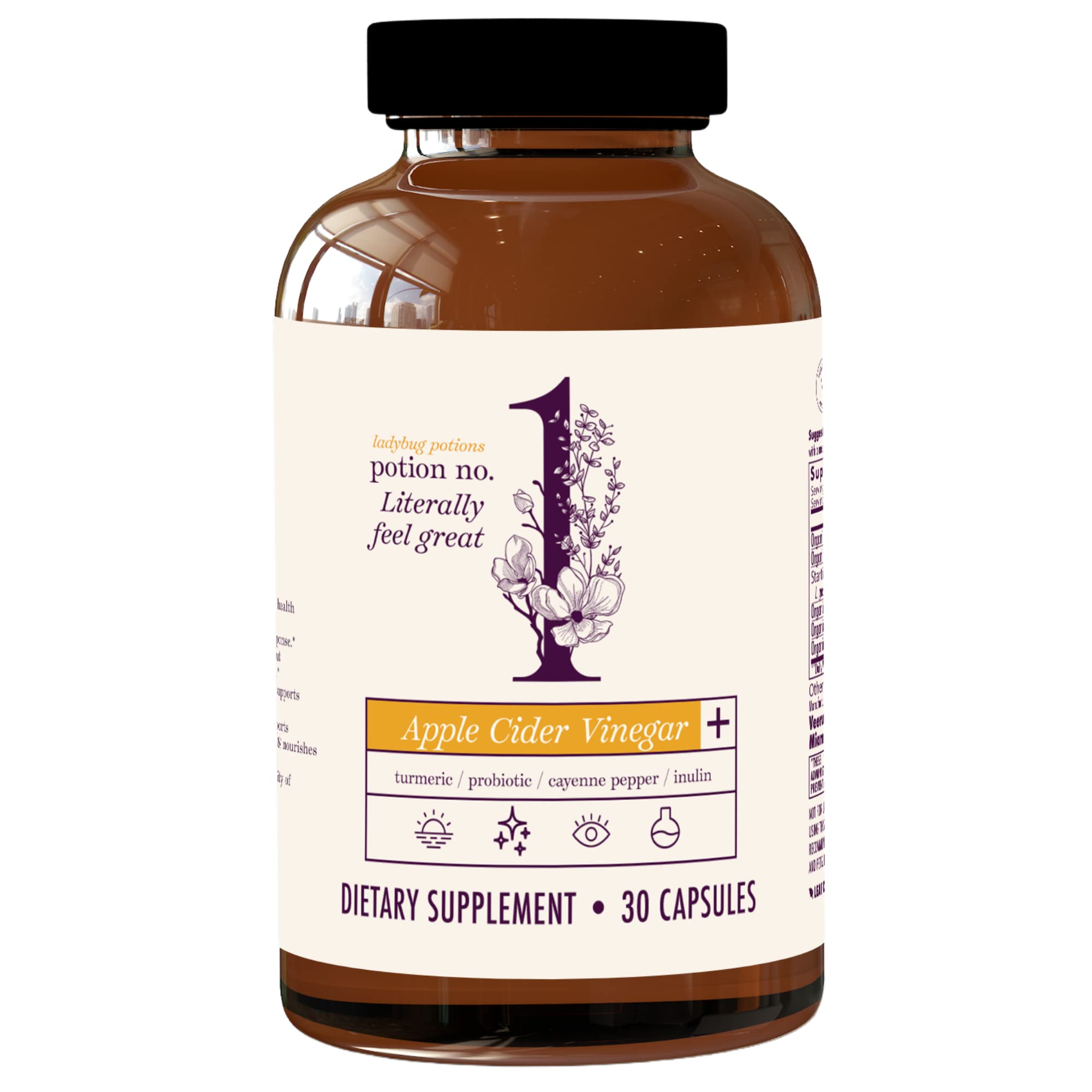 Ladybug Potions Gut Health Support for Women and Men, 30 Capsules - with Apple Cider Vinegar, Probiotics,Turmeric Curcumin, Blac
