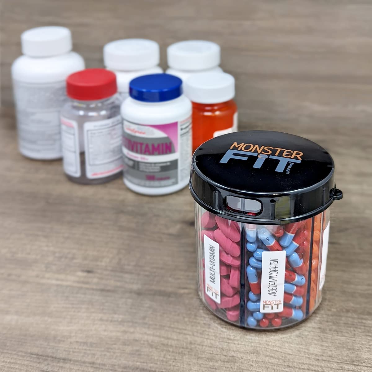 Monster Jr Supplement Pill Dispenser - Holds Small Medium Medication Vitamins and Easily Dispense from One Container Includes Co