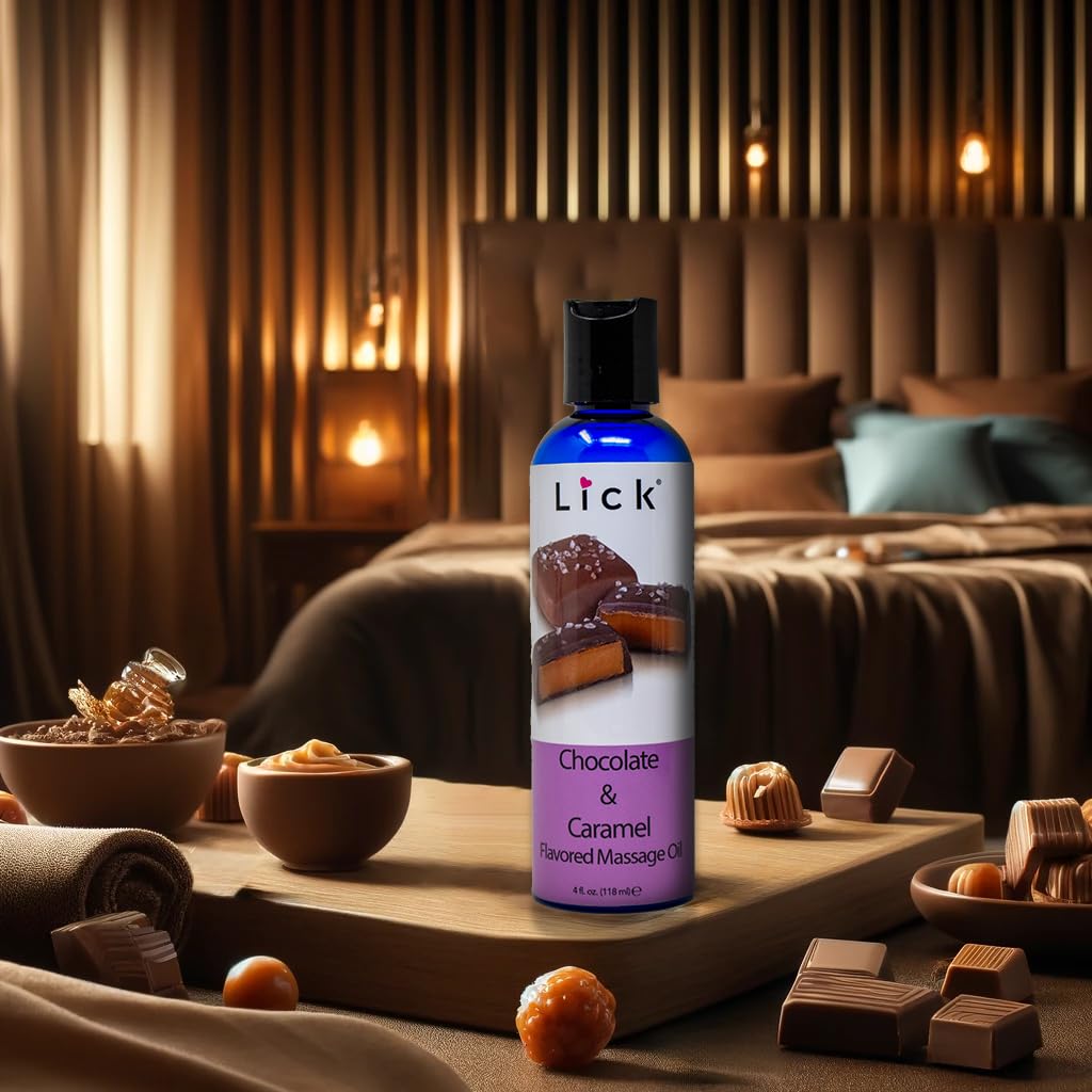 Lick Chocolate and Caramel Massage Oil - Decadent Dessert-Inspired Edible Massage Oil with Almond Oil & Vitamin E, Smooth Glide