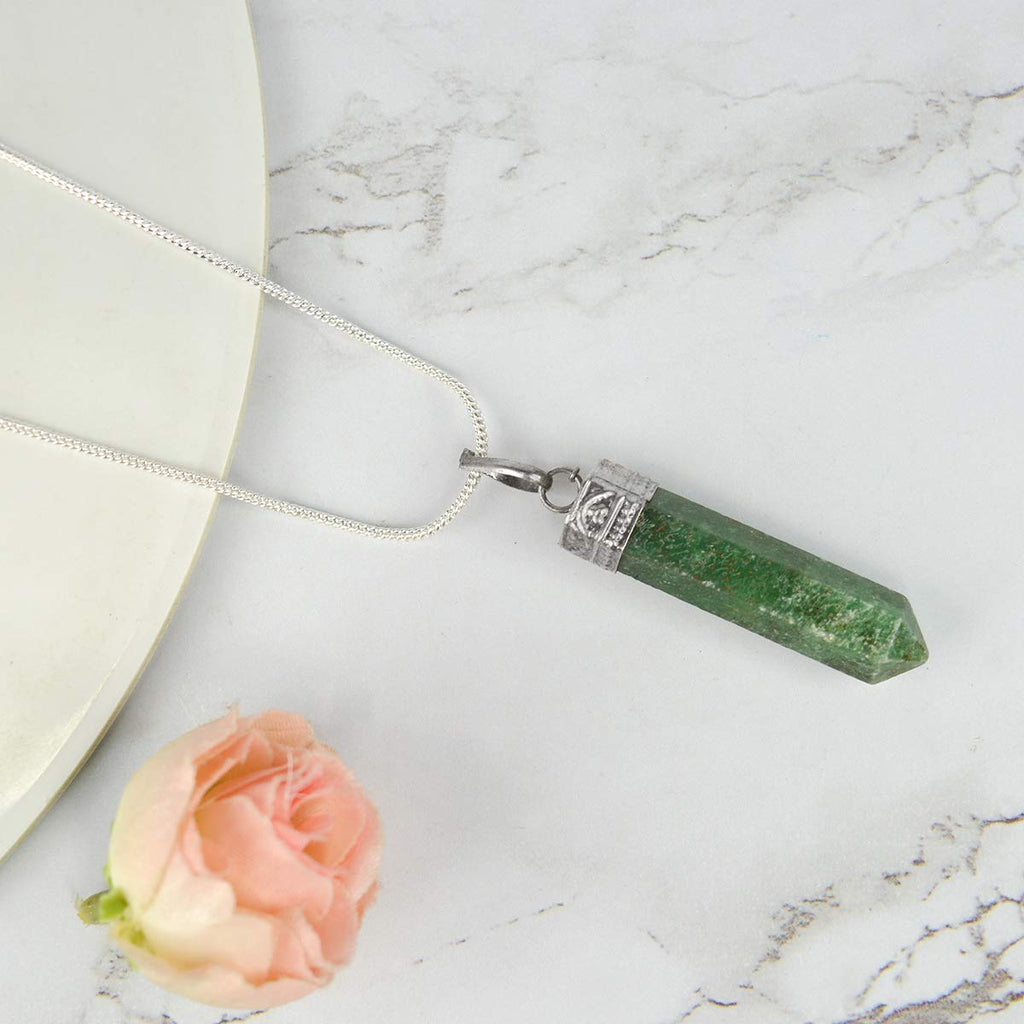Reiki Crystal Products Green Avenutuine Pendant Pencil Shape Crystal Stone Pendant/Locket with Metal Chain for Reiki Healing & C