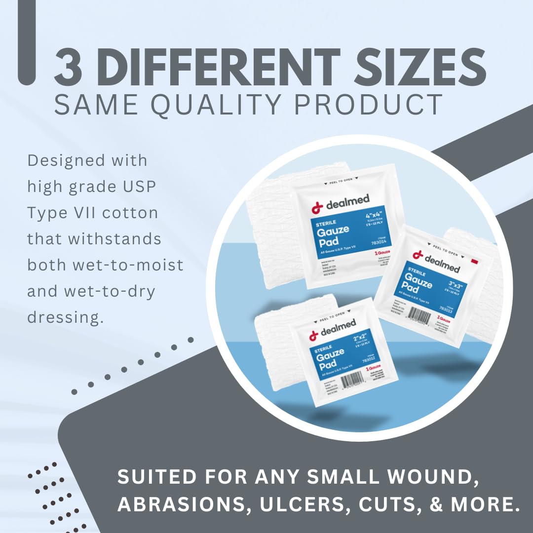 Dealmed 2 x 2 Sterile Gauze Pads (100 Count) Disposable and Individually Wrapped Medical Gauze Pads, Wound Care Product for Firs