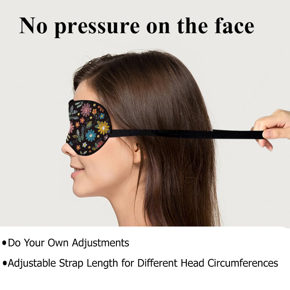 NOHSHE Embroidery Pattern Sleep Mask Eye Mask Beautiful Summer Flowers Leaves Black Sleep Mask Light Blocking Adjustable Smooth