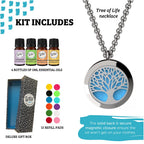 Wild Essentials Tree of Life Necklace Essential Oil Diffuser Kit With Lavender, Lemongrass, Peppermint, Orange Oils, 12 Refill P