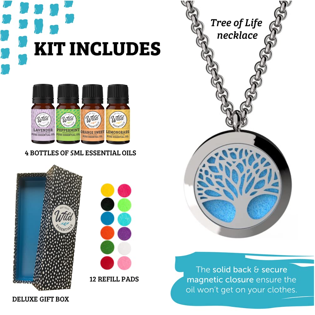 Wild Essentials Tree of Life Necklace Essential Oil Diffuser Kit With Lavender, Lemongrass, Peppermint, Orange Oils, 12 Refill P