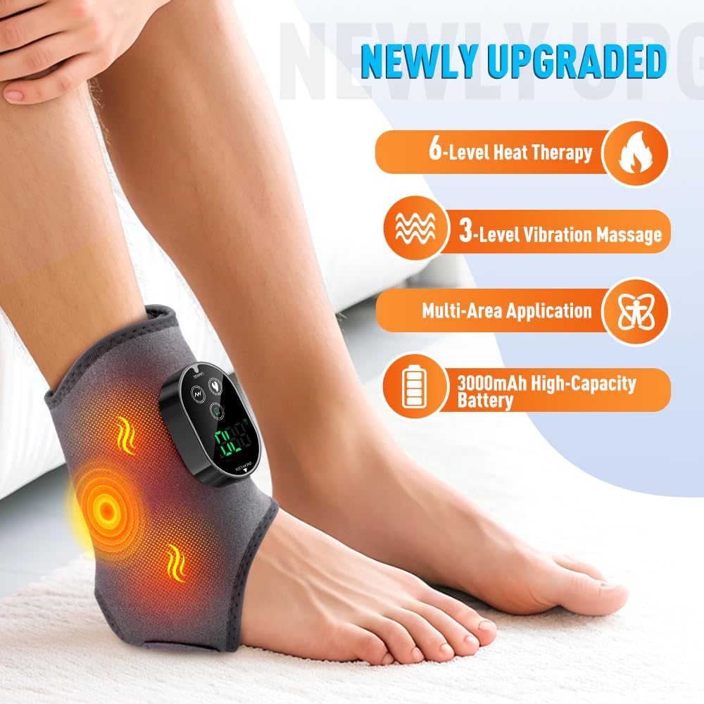 Ankle Massager,3-in-1 Wearable Hot & Vibration Massager for Feet, Ankles, and Arms | Reusable Heating Pad Brace for Home Recover