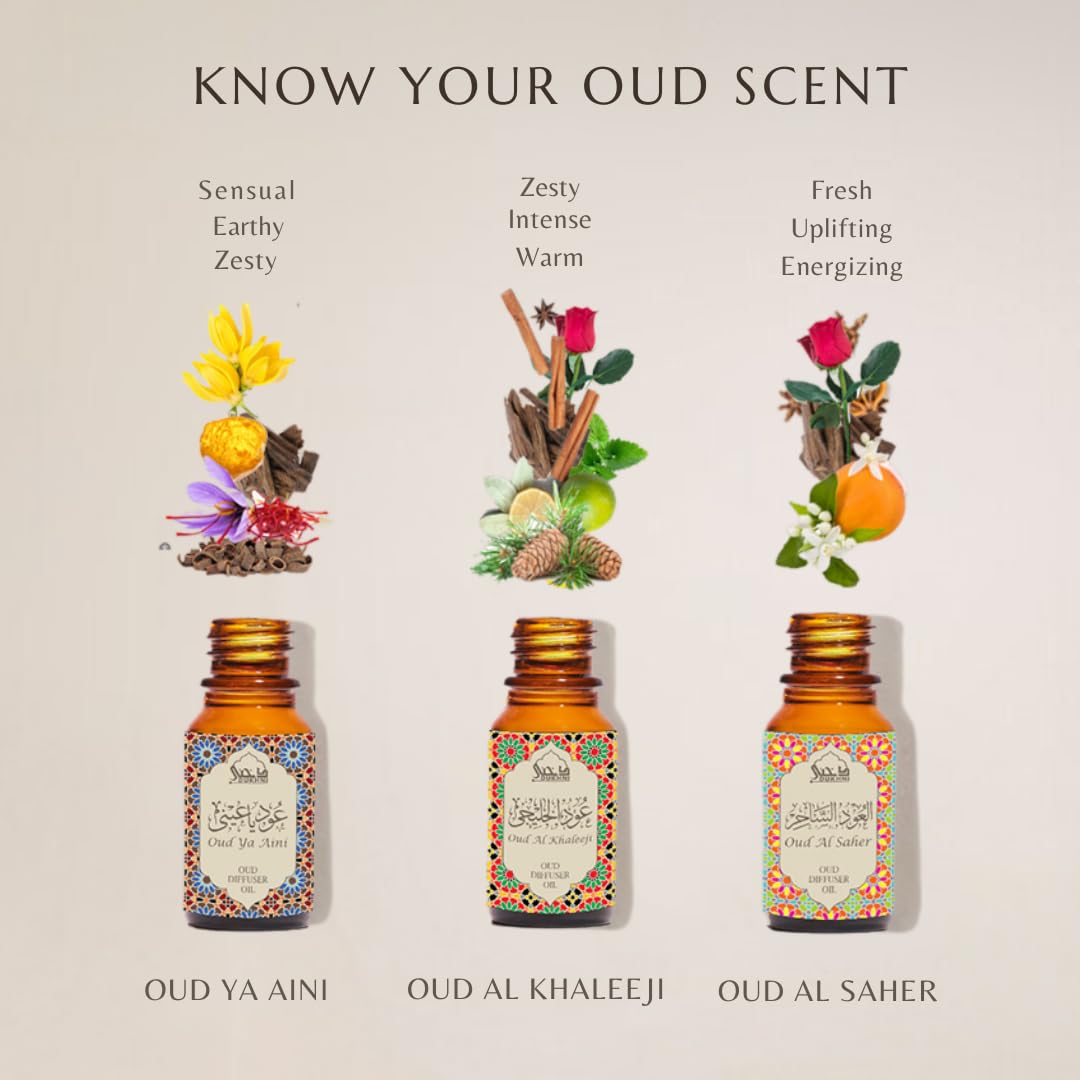 Arabic Oud Diffuser Oil Set, Essential Oils by Dukhni | 3 x 10ml Oudh Oil Gift Set for Diffuser & humidifier | 100% Pure Halal O