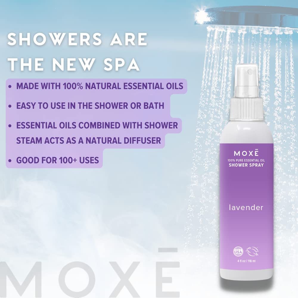 MOXE Shower Mist, Spa Steam Spray, Certified Natural Essential Oils, Aromatherapy, Tension Relief (Lavender, 4 Fl Oz (Pack of 1)