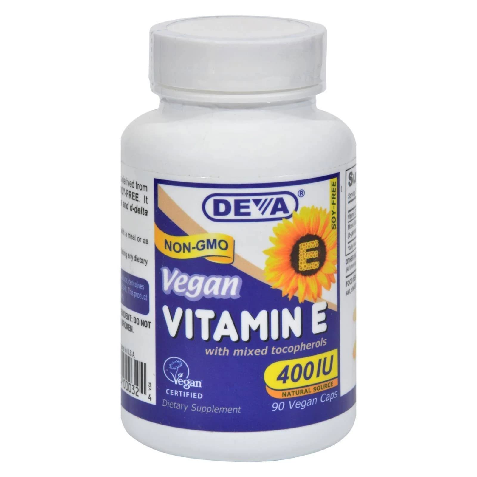 DEVA Vegan Vitamins Vitamin E High Potency 400IU with Mixed Tocopherols, from Non-GMO Sunflowers, 90 Capsules