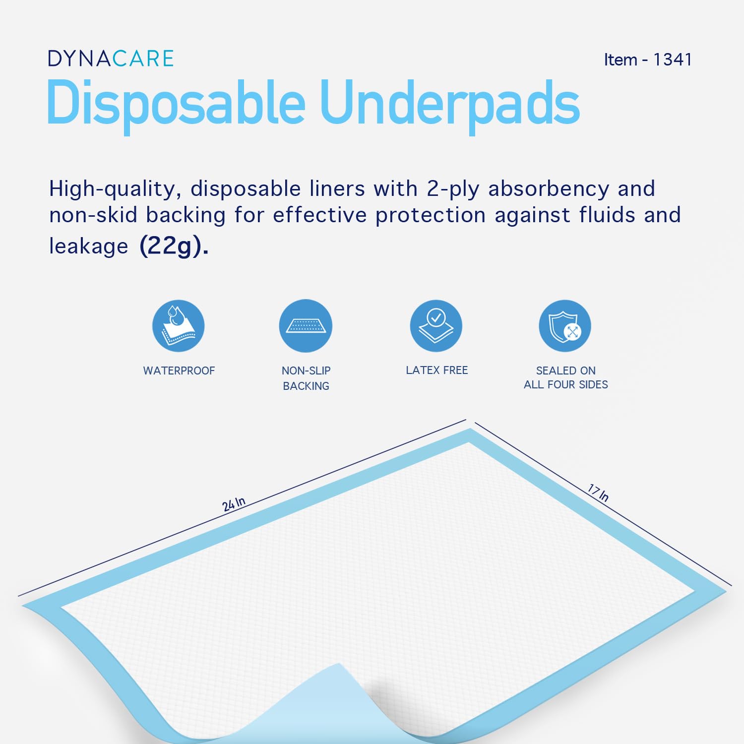 Dynarex Disposable Underpads, Medical-Grade Incontinence Bed Pads to Protect Sheets, Mattresses, and Furniture, 17   x24    (22g