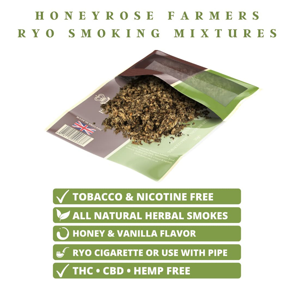Honeyrose Farmers - Tobacco & Nicotine FREE Smoking Mixture, 1 pouch/30gr/1oz, Made in England