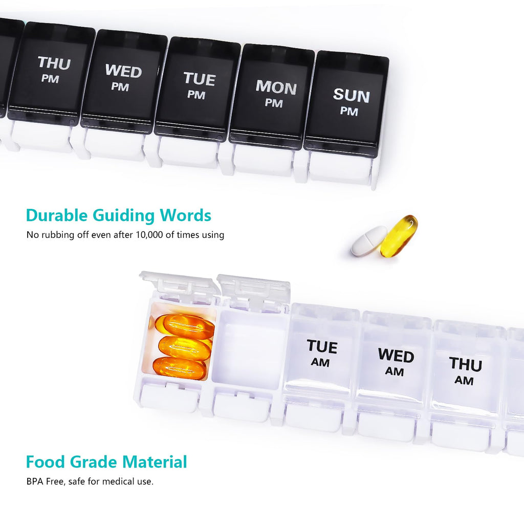 Large Pill Boxes and Organizer 2 Times a Day, MOLN HYMY 7 Day AM PM Pill Case, 14 Compartments Pill Dispenser to Hold Big Vitami