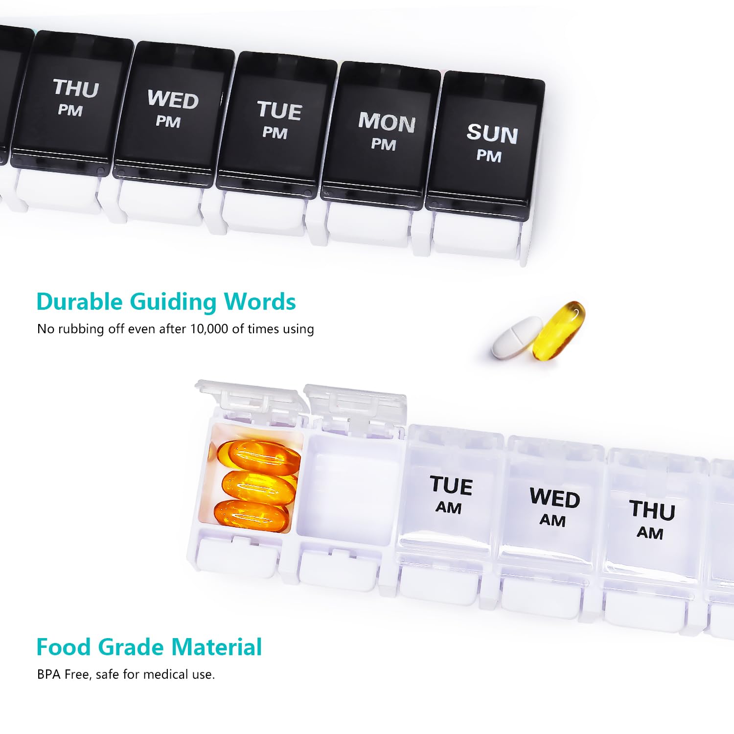 Large Pill Boxes and Organizer 2 Times a Day, MOLN HYMY 7 Day AM PM Pill Case, 14 Compartments Pill Dispenser to Hold Big Vitami