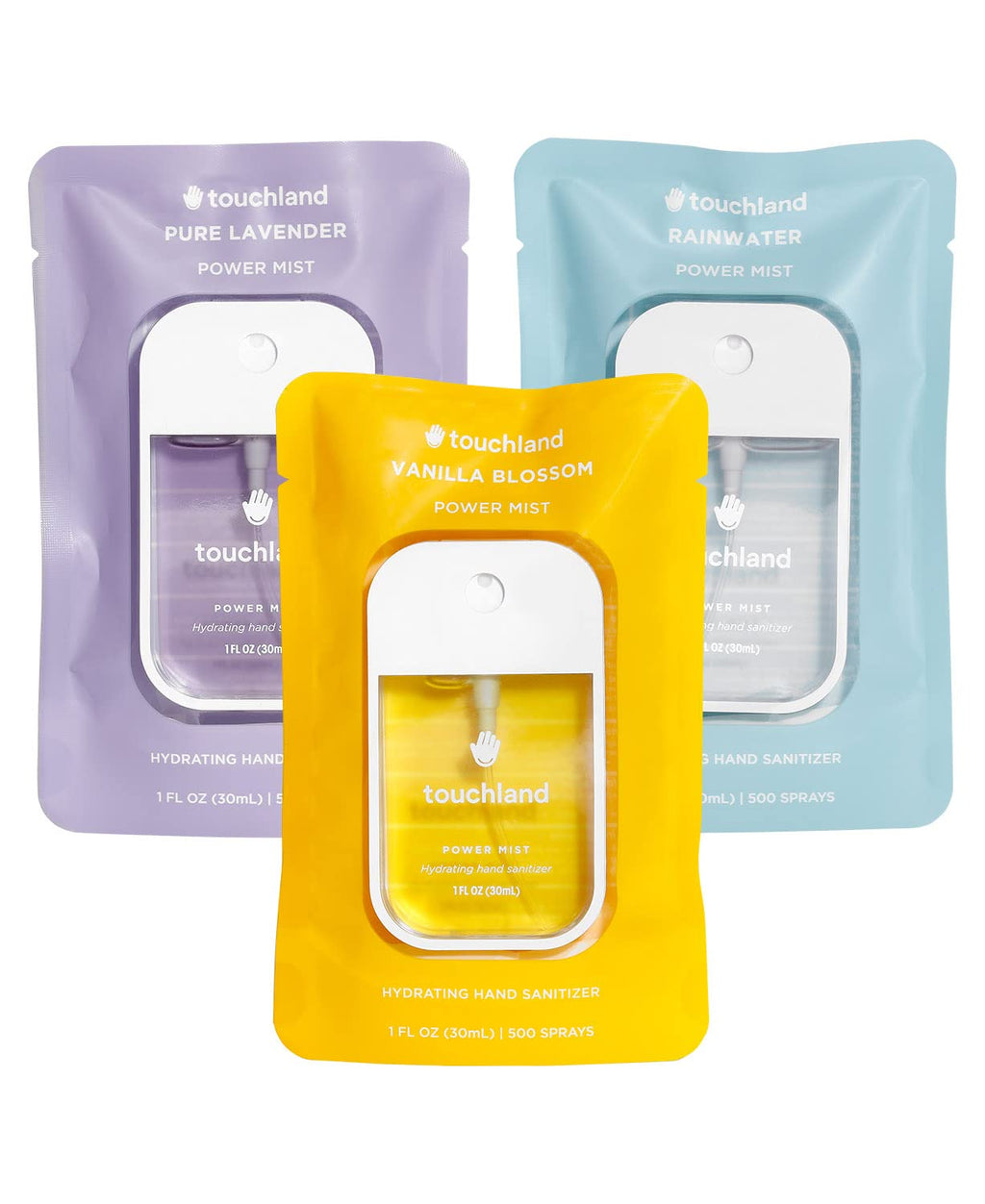 Touchland Power Mist Hydrating Hand Sanitizer Spray, BLOSSOM Trio Set (Lavender, Vanilla, Rainwater), 1 FL. OZ. Travel Size (Set