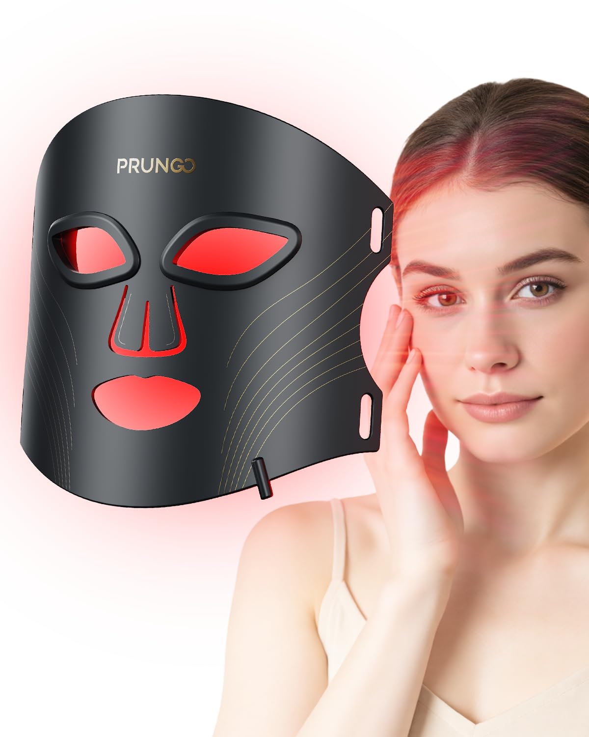 Red Light Therapy for Face  PRUNGO LED Mask with 3 Light Modes, Portable Rechargeable Device, 850nm Infrared, Lightweight & Com
