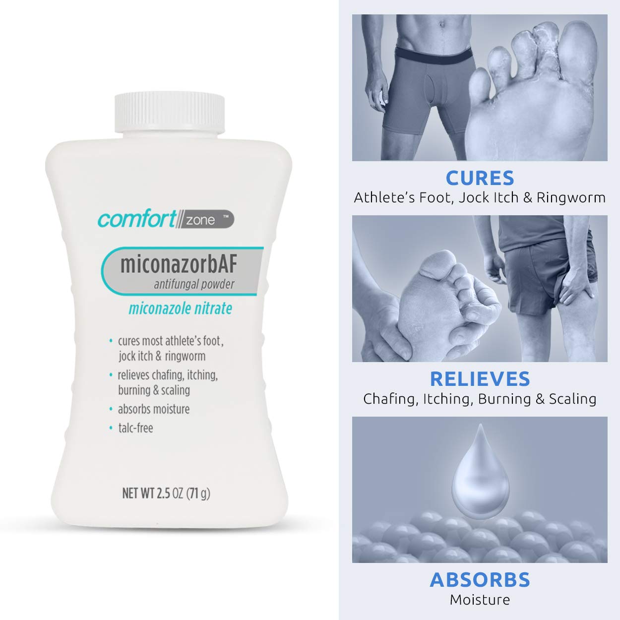 Comfort Zone Miconazorb Antifungal Powder, Talc-Free, Miconazole Nitrate 2%, For Treatment Of Athletes Foot, Jock Itch And Ring