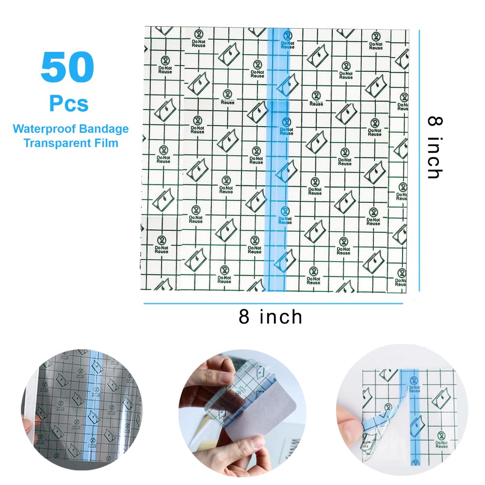 OBTANIM 50 Sheet Transparent Waterproof Stretch Adhesive Bandage Clear Film Dressing Bandages Tape Cover for Tattoo Shower Swimm