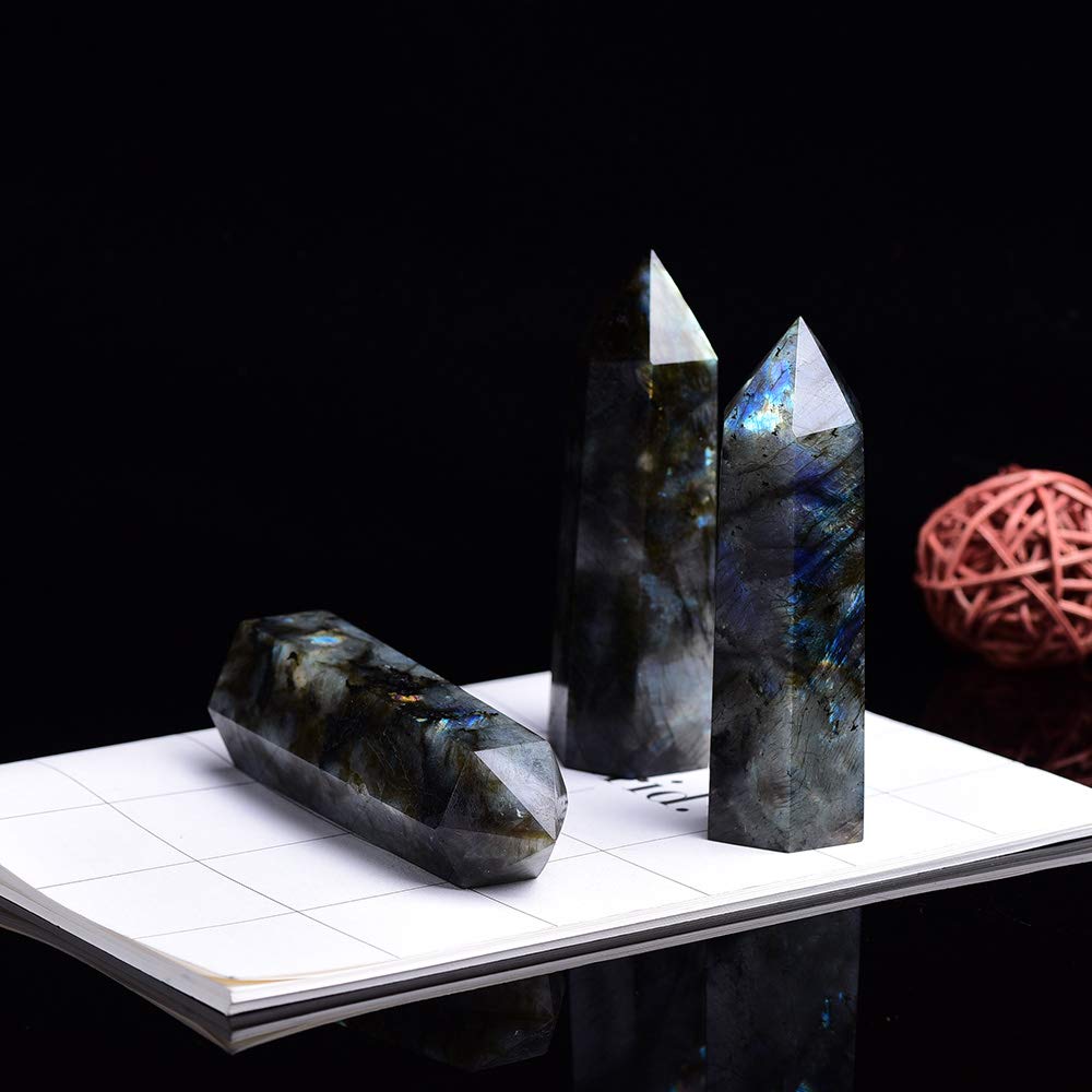 Runyangshi Labradorite Natural Healing Crystal Wands Height 2-2.4, 6 Faceted Prism Wand Reiki Chakra Stone, Natural Quartz