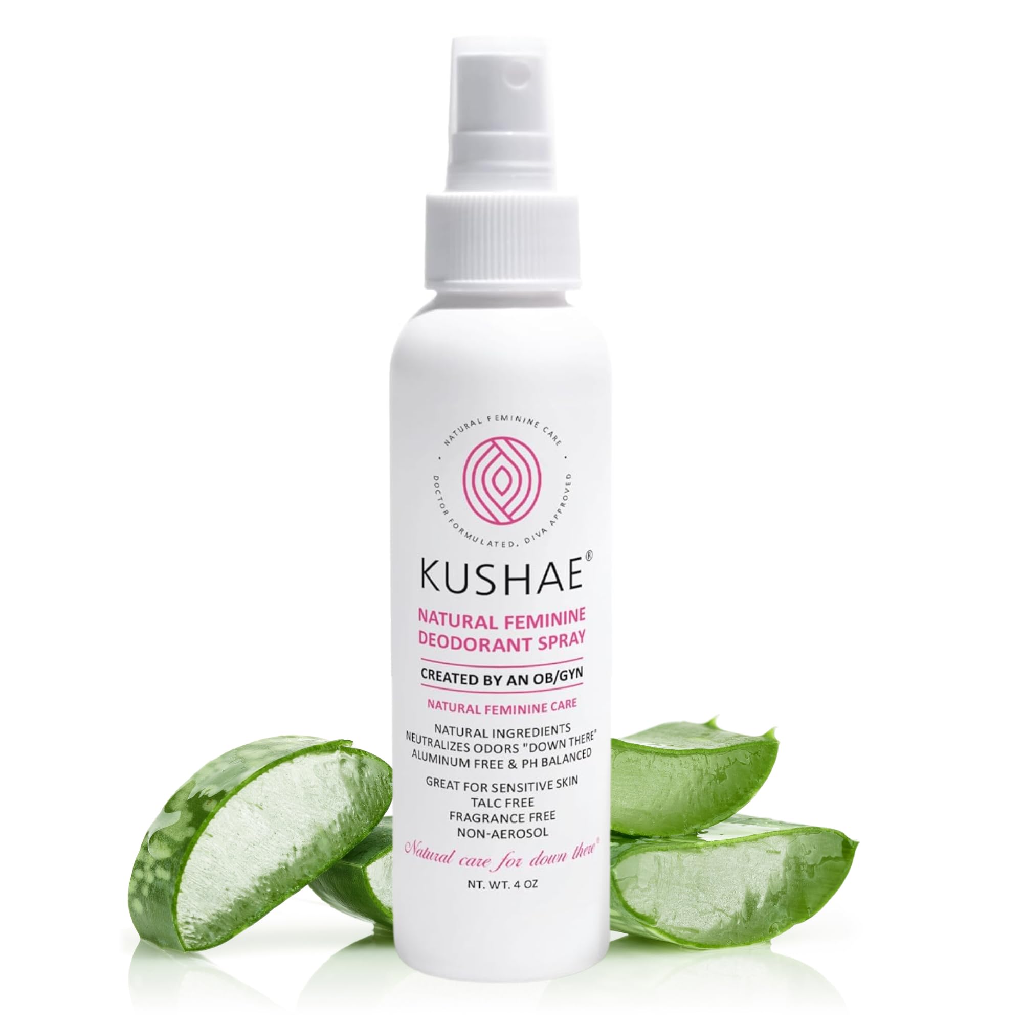 Kushae Natural Feminine Deodorant Spray for Women, All Natural, Unscented and Fragrance Free, Refreshing Control for Odor and Dr